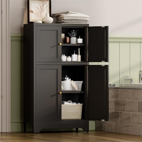 YAUWOH Bathroom Floor Cabinet, Metal Storage Cabinet with 2 Adjustable Shelves & 4 Doors,Freestanding Sideboard for Dining Room,Living Room, Home Office(1PC,Black)