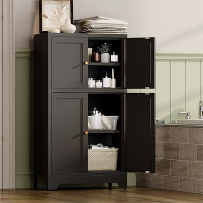 YAUWOH Bathroom Floor Cabinet, Metal Storage Cabinet with 2 Adjustable Shelves & 4 Doors,Freestanding Sideboard for Dining Room,Living Room, Home Office(1PC,Black)
