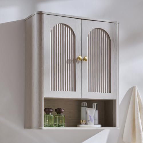 Bathroom Fluted Arched Wall Cabinet, 23.6''W Medicine Cabinet, Light Grey
