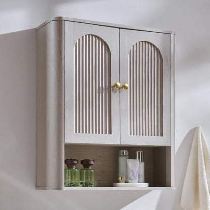 Bathroom Fluted Arched Wall Cabinet, 23.6''W Medicine Cabinet, Light Grey