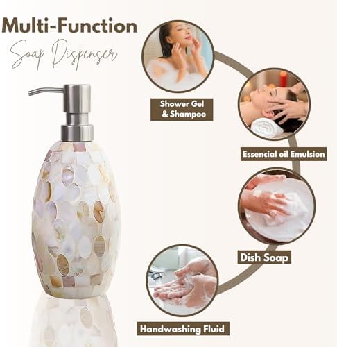 Escenzy Natural Shell Bathroom Accessories Set 3 Pcs | Handcrafted Mother of Pearl Mosaic Glass Soap Dispenser, Toothbrush Holder, Cotton Jar | Luxury Coastal Bathroom Decor