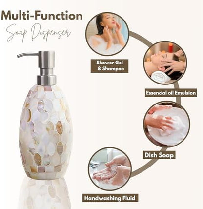 Escenzy Natural Shell Bathroom Accessories Set 3 Pcs | Handcrafted Mother of Pearl Mosaic Glass Soap Dispenser, Toothbrush Holder, Cotton Jar | Luxury Coastal Bathroom Decor