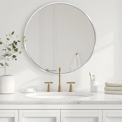 Silver Circle Mirror 26 inch, Round Mirror, Brushed Nickel, Chrome