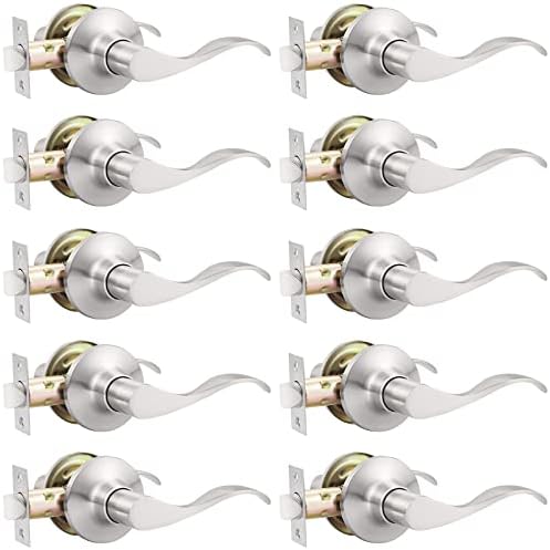 GOBEKOR 10 Pack Satin Nickel Passage Lever Handle Interior Door Levers Hallway Closet Door Handles Wave Door Lock Keyless Lever Door Handles