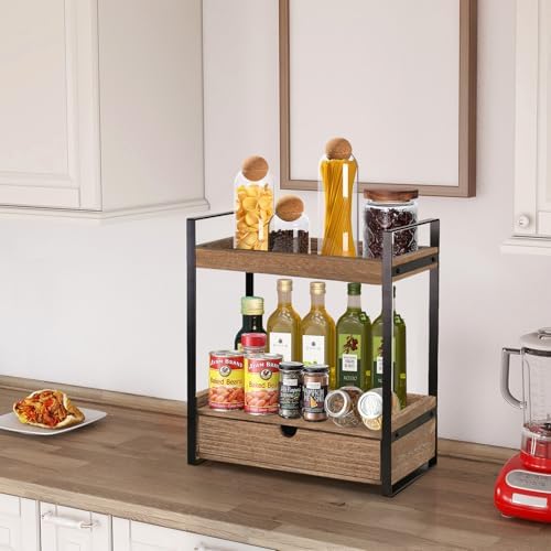 Ukonvi 2-Tier Bathroom Organizer Countertop with Drawer, Wood Counter Shelf for Storage, Vanity Tray for Organization and Decor, Countertop Organizer for Bathroom, Kitchen, Office (Dark Brown)