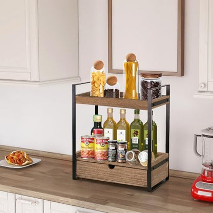 Ukonvi 2-Tier Bathroom Organizer Countertop with Drawer, Wood Counter Shelf for Storage, Vanity Tray for Organization and Decor, Countertop Organizer for Bathroom, Kitchen, Office (Dark Brown)