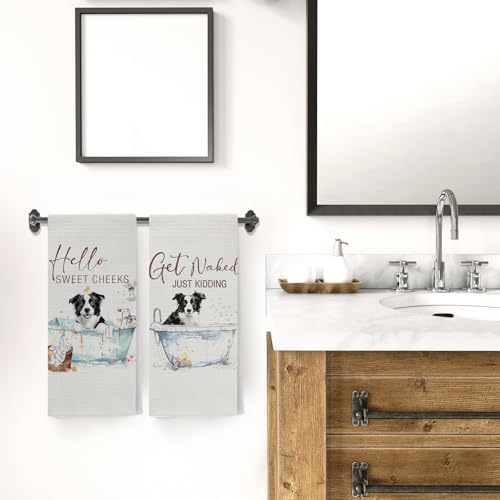 Funny Border Collie Hand Towels, Hello Sweet Cheeks Bathroom Decor, Border Collie Gifts Decorative Hand Towels for Bathroom Washroom Restroom, 16x24 Inch Set of 2