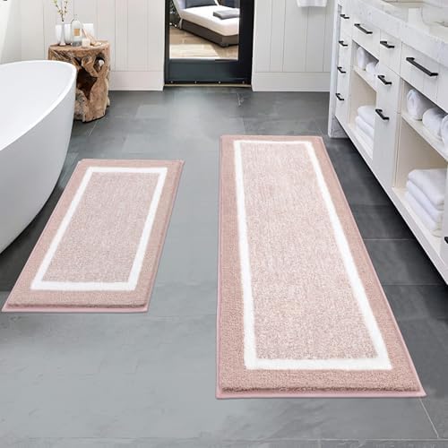 Pauwer Bathroom Rugs Sets 2 Piece, Non Slip Washable Bath Mat, Dusty Pink