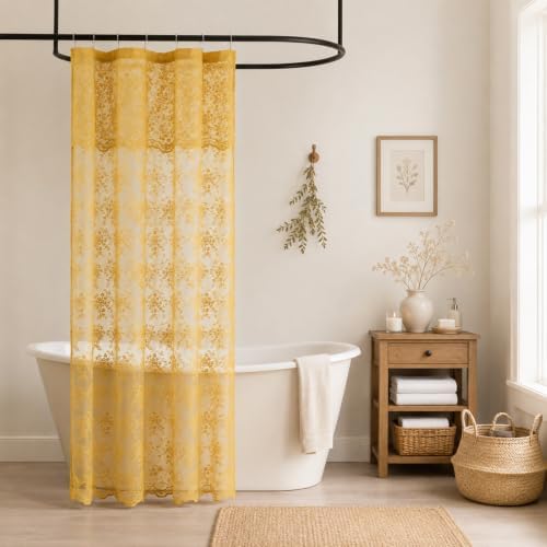 Mustard Yellow Lace Shower Curtain with Valance 36x72 for Narrow Stall