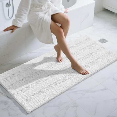 Yimobra Bathroom Runner Rugs 60"x24", Non Slip and Absorbent Bath Mat, Super Soft Water Absorbent Hallway Carpet, Machine Washable Rug for Vanity Tub Shower, White