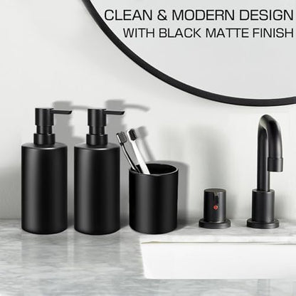 Matte Black Bathroom Accessories Set, 5 Pcs Bathroom Accessories Set, Glass Soap Dispenser and Toothbrush Holder Set, Qtip Holder and Cotton Ball Holder, Modern Bathroom Decor Sets