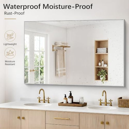 DESBING 60" x 40" Bathroom Mirror, Silver Metal Frame Wall Mirror
