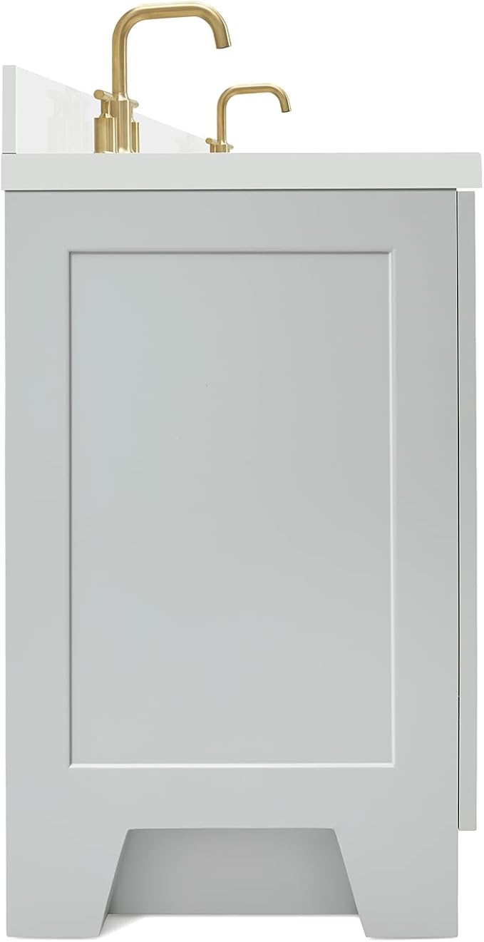 ARIEL Taylor 66-inch Bathroom Vanity with Sink,Solid Wood, 1.5-inch Pure White Quartz Countertop & Backsplash, Double Oval Porcelain Sink, 4 Soft Closing Doors, 5 Dovetail Drawers, Satin Brass, Grey