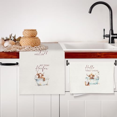 Hello Sweet Cheeks Highland Cow Bathroom Hand Towels, Funny Farmhouse Animal Heifer Bathing Decorative Hand Towels for Bathroom Washroom Toilet Restroom, 16x24 Inch Set of 2