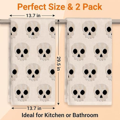 2 Pack Halloween Hand Towels 100% Cotton Jacquard Skeleton Halloween Kitchen Towels White Bathroom Towels Set Seasonal Bathroom Decor(Beige Skeleton, Halloween)