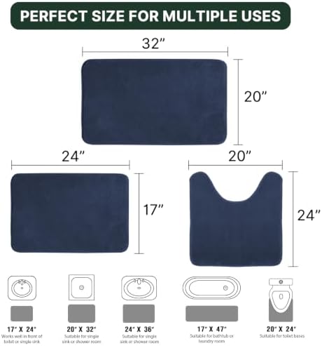 H.VERSAILTEX Bath Mat Memory Foam Set Bathroom Rug Set Flannel Velvety Extra Soft and Absorbent Non Slip Rugs for Bathroom/Bedroom Washable(20"x 32" + 17"x 24" + 20"x 24"U-Shaped, Navy)