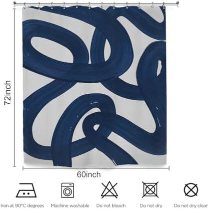 Abstract Navy Blue Shower Curtain 60Wx72L Inch Modern Minimalist Contemporary Geometric Line Neutral Simple Geometric Bathroom Set Accessories Decor with 12 Pack Hooks