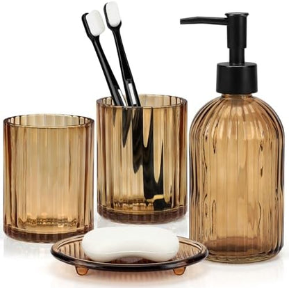 Glass Bathroom Accessories Set, 4Pcs Bathroom Accessories Sets Complete Lotion Soap Dispenser, Toothbrush Holder, Mouthwash Cup, Soap Dish for Bath Decor, Countertop Vanity Organizer (Amber)
