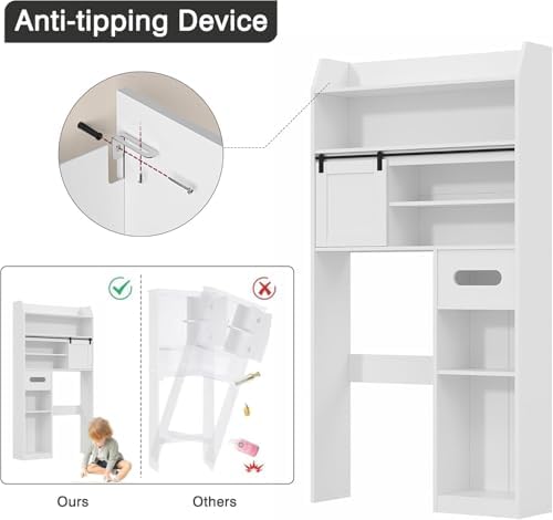 VECELO Over The Toilet Storage Cabinet with Sliding Doors, 63.8" Toilet Organizer with Adjustable Shelves, Paper Holder and Racks, for Bathroom Laundry, White