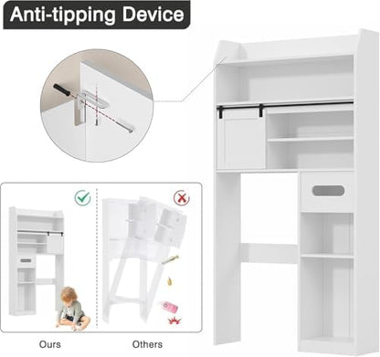 VECELO Over The Toilet Storage Cabinet with Sliding Doors, 63.8" Toilet Organizer with Adjustable Shelves, Paper Holder and Racks, for Bathroom Laundry, White