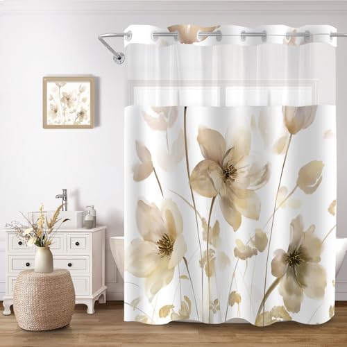 No Hook Shower Curtain and Liner Set, Yellow Boho Floral 71x74