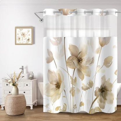 No Hook Shower Curtain and Liner Set, Yellow Boho Floral 71x74