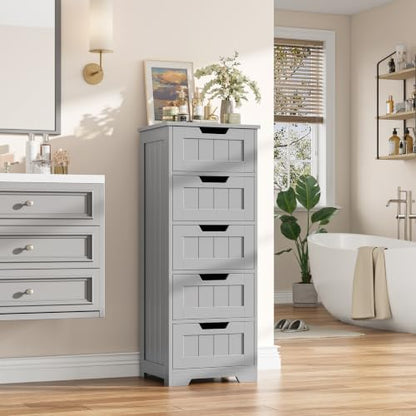 FOTOSOK Bathroom Cabinet, Bathroom Storage Cabinet with 5 Drawers, Grey