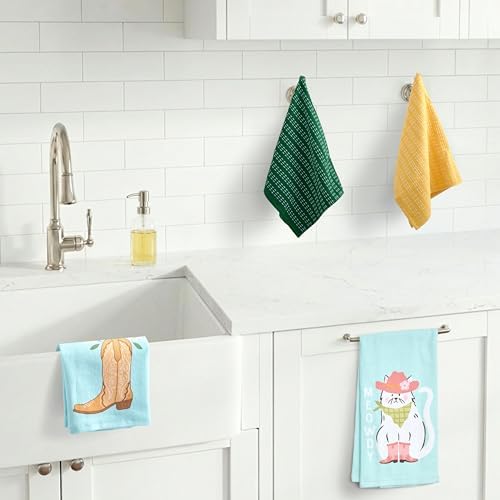 Ritz 4-Piece Kitchen Towel Set, Meowdy Cat & Daisy Boot Prints with Pine Green & Yellow Textured Terry, 100% Cotton & Absorbent Blend, 16" x 26", Western Boho Coastal Cowgirl Decor