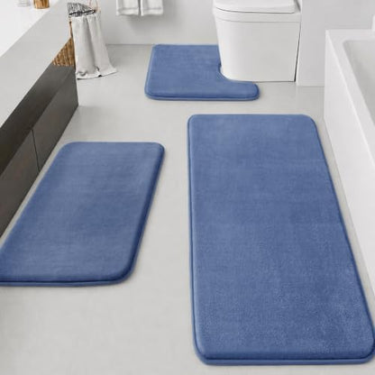 HUXMEYSON Bathroom Rugs Sets 3 Piece, Non-Slip & Quick Dry Bath Mat Set, Ultra Soft Velvet Bath Rugs for Bathroom, Toilet and Shower Floor, Dusty Blue