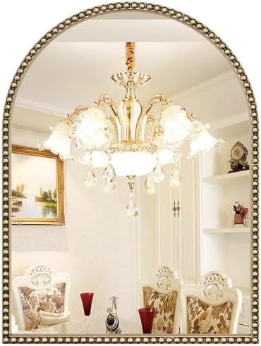 Beaded Arched Mirror for Wall, 30"x40" Gold Arch Brass Bathroom Mirrors, Champagne Bronze Vintage Tempered Glass Mirror with Metal Frame for Mantle,Bedroom,Dressing Room,Entryway,Fireplace