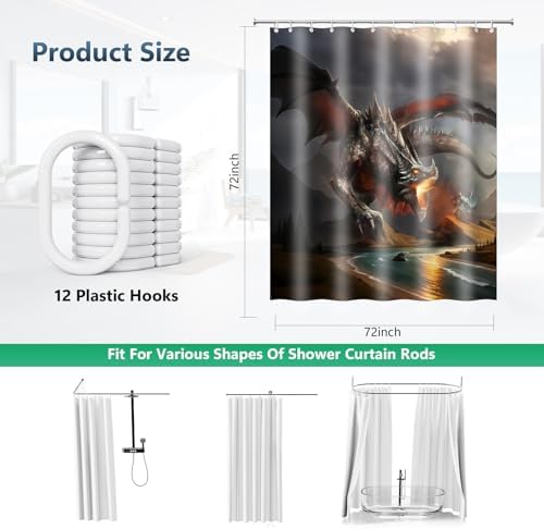 Fire Dragon Knight Fantasy Art Shower Curtain with Hooks 72 x 72 Inches
