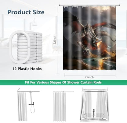 Fire Dragon Knight Fantasy Art Shower Curtain with Hooks 72 x 72 Inches
