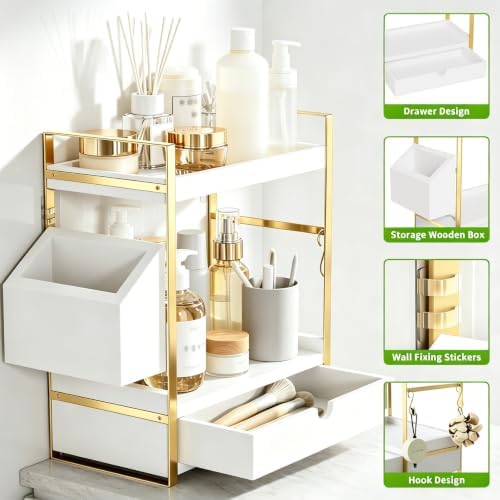 2-Tier Bathroom Counter Organizer, Wooden Vanity Shelf with Drawer & Basket