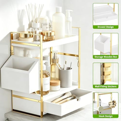 2-Tier Bathroom Counter Organizer, Wooden Vanity Shelf with Drawer & Basket