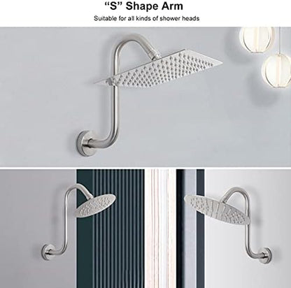 NearMoon S Shaped Shower Head Riser Arm, Shower Extender Arm with Flange, Standard 1/2" Connection- Bathroom Accessory (10 Inch, Brushed Nickel)
