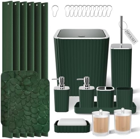 XLHOMO Bathroom Set- 25PC Green Bathroom Sets, Bathroom Set with Shower Curtain and Rugs, Dark Green Shower Curtain Set, Bathroom Accessories Set, Bathroom Trash Can