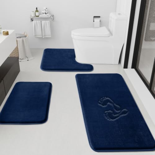 HUXMEYSON Bathroom Rugs Sets 3 Piece, Non-Slip & Quick Dry Bath Mat Set, Ultra Soft Velvet Bath Rugs for Bathroom, Toilet and Shower Floor, Navy