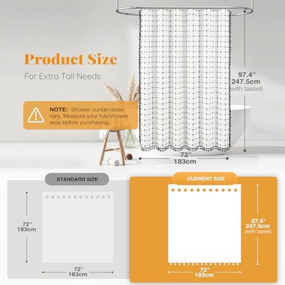 BTTN Extra Long Boho Farmhouse Linen Shower Curtain, 72x96, White and Black