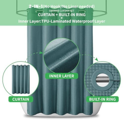 No Hook Waffle Shower Curtain, No Liner Needed, 71x74 Inch, Seaweed Green