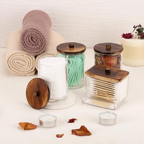 Tbestmax 4 Pack Qtip Holder Dispenser, 10/7oz Bathroom Container for Cotton Ball Cotton Swabs Pads, Apothecary Jar with Wood Lids for Organizer and Storage (Brown)