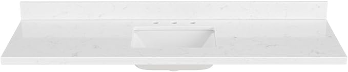 ARIEL 66 inch Bathroom Vanity top with Sink, 1.5 Inch Thick Miter Edge Carrara White Quartz top, Rectangle Single Porcelain Sink, Includes Backsplash