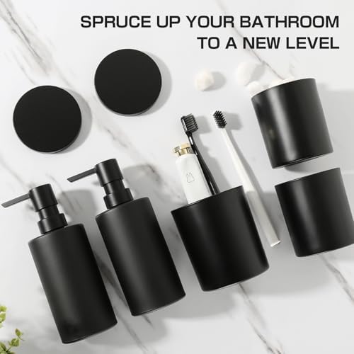 Matte Black Bathroom Accessories Set, 5 Pcs Bathroom Accessories Set, Glass Soap Dispenser and Toothbrush Holder Set, Qtip Holder and Cotton Ball Holder, Modern Bathroom Decor Sets