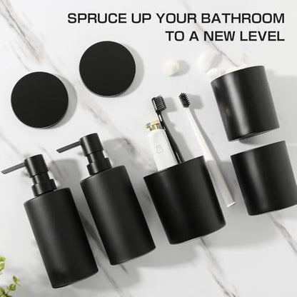 Matte Black Bathroom Accessories Set, 5 Pcs Bathroom Accessories Set, Glass Soap Dispenser and Toothbrush Holder Set, Qtip Holder and Cotton Ball Holder, Modern Bathroom Decor Sets