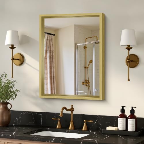 Bathroom Mirror, 18 x 24 inch Natural Wood Grain Colored Aluminum Metal Frame Bathroom Vanity Mirror, Rectangle Wall Mirror for Bedroom Living Room, Tempered Glass, Horizontal or Vertical