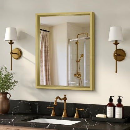 Bathroom Mirror, 18 x 24 inch Natural Wood Grain Colored Aluminum Metal Frame Bathroom Vanity Mirror, Rectangle Wall Mirror for Bedroom Living Room, Tempered Glass, Horizontal or Vertical
