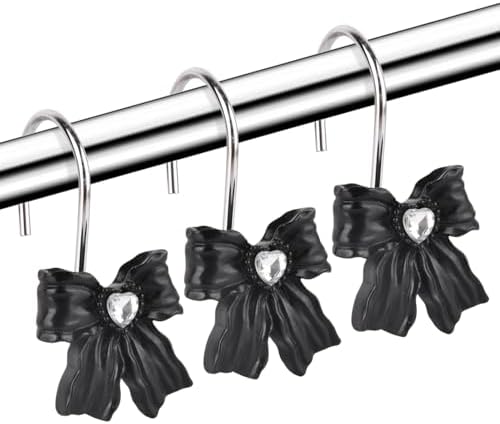 12PCS Shower Curtain Hooks Rings,Black Bow Decorative Shower Curtain Hooks