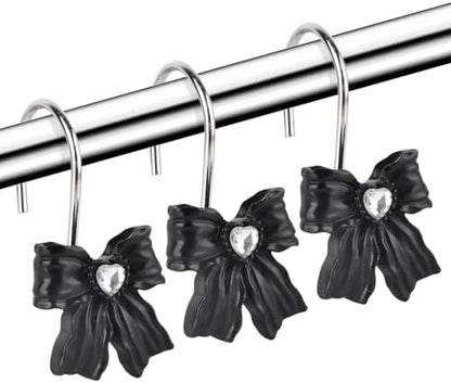 12PCS Shower Curtain Hooks Rings,Black Bow Decorative Shower Curtain Hooks