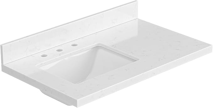ARIEL 36 inch Bathroom Vanity top with Sink, 1.5 Inch Thick Miter Edge Carrara White Quartz top, Left Offset Vanity top with Rectangle Porcelain Sink, Includes Backsplash