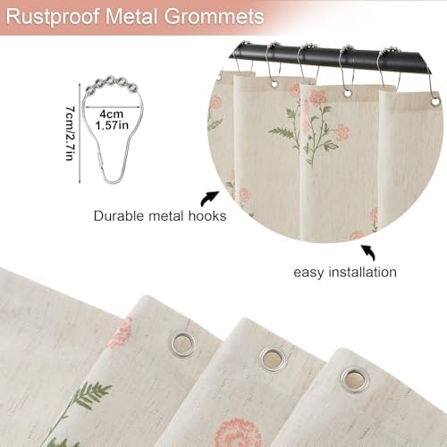 ORTIGIA Linen Shower Curtain 60 W x 72 L Farmhouse Vintage Pink Green Floral Shower Curtains Boho Rustic Block Print Cottagecore Decor for Bathroom