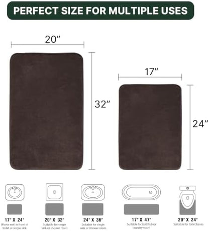 H.VERSAILTEX Bath Mat Memory Foam Set Bathroom Rug Set Flannel Velvety Bath Mat Luxury Extra Soft and Absorbent Non Slip Rugs for Bathroom/Bedroom Washable(2 Pack- 20"x 32"/ 17"x 24", Brown)